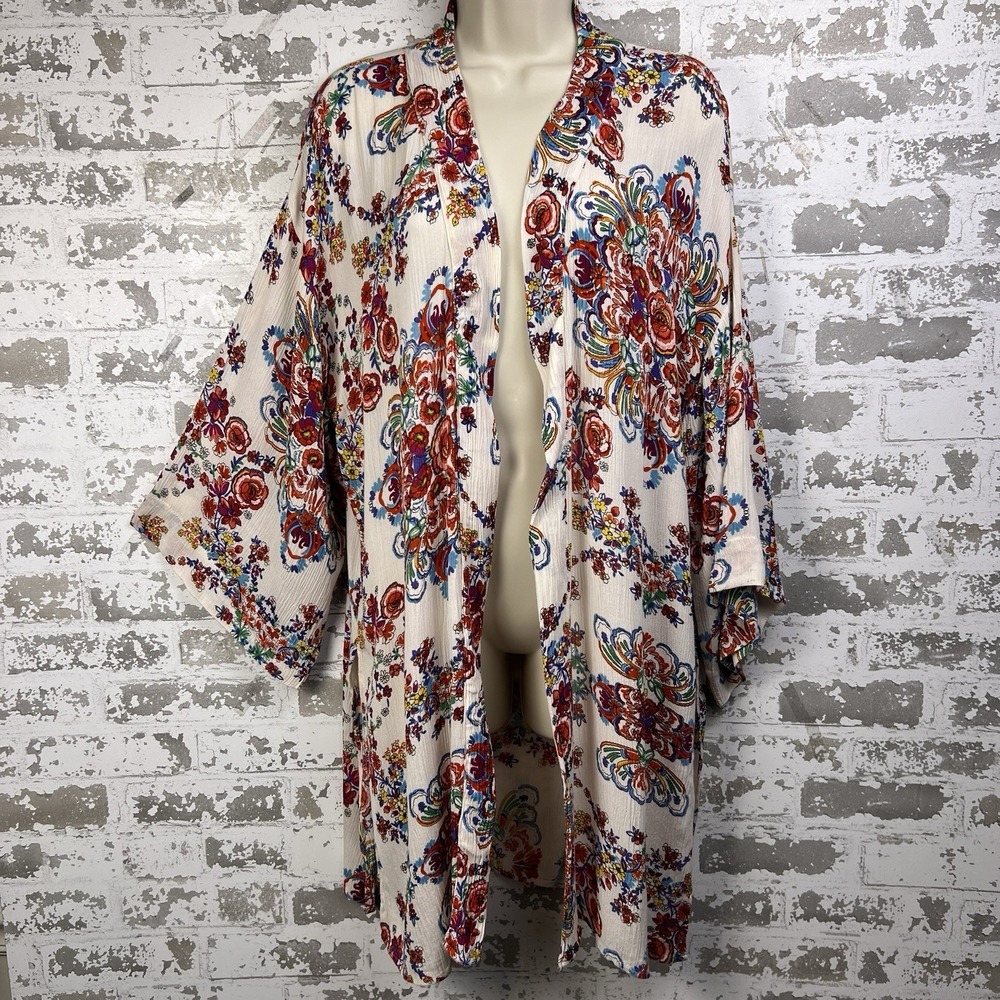 Patrons Of Peace India Kimono S Oversized Jewel Tones Floral Lotus Open Cover Up